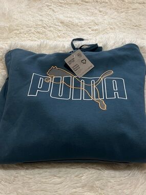 Puma Teal hooded Sweatshirt with White Outline Logo and Gold Puma